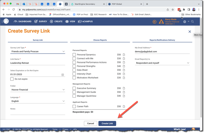 Create Survey Link - Create Link button